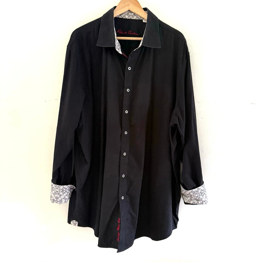 Robert Graham Mens 2XL Black Jacquard Paisley Button Down Contrast Cuff Shirt
